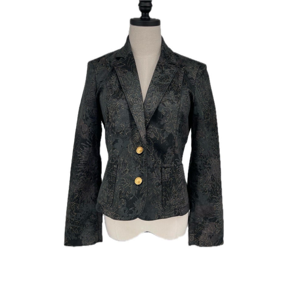 St John Sport Black Gold Floral Stretch Blazer Suit Jacket Women's Sz P Petites‎